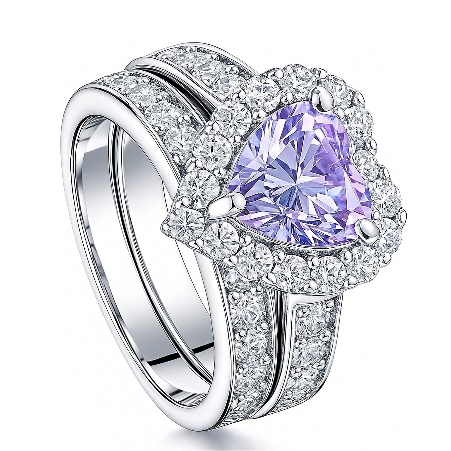 Halo Heart Purple Heart CZ Ring Set in Sterling Silver
