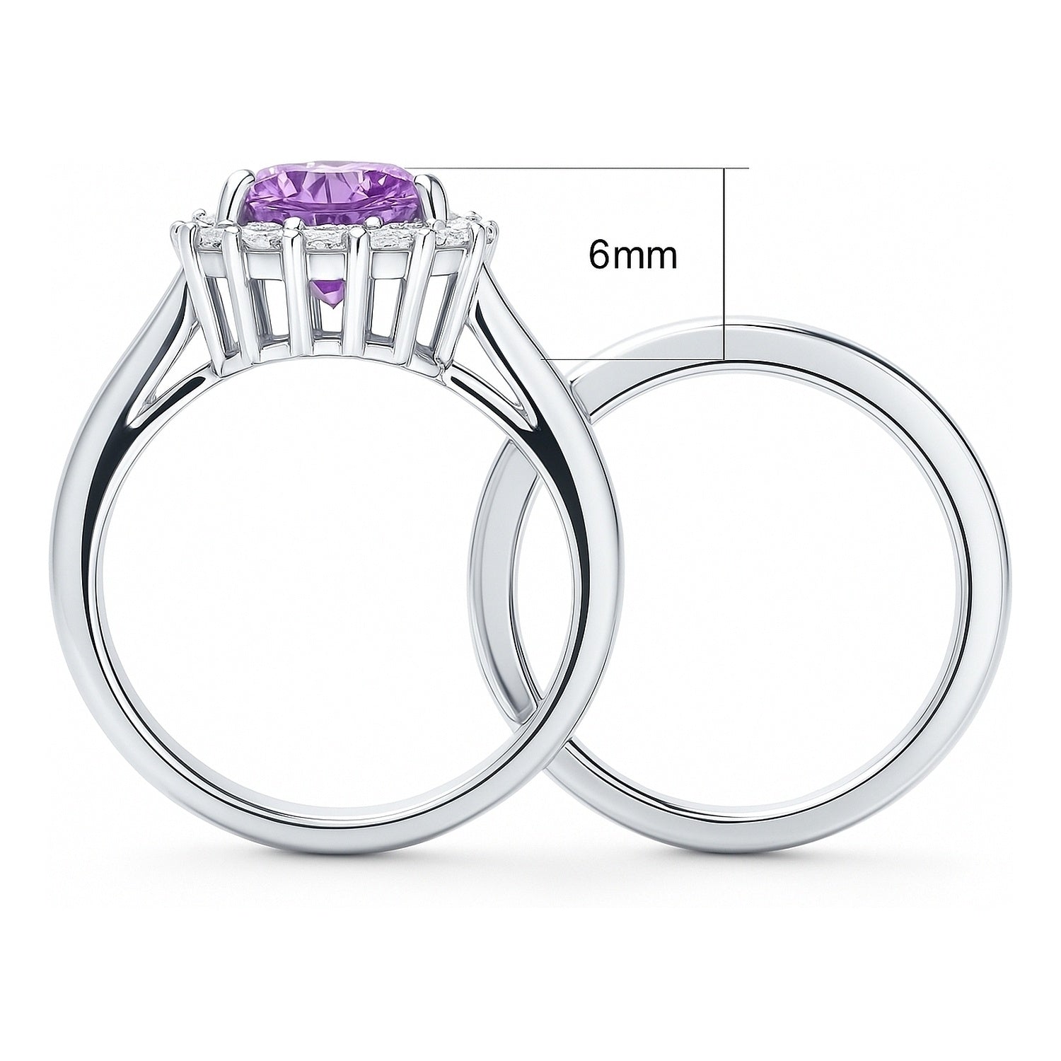 Halo Heart Purple Heart CZ Ring Set in Sterling Silver