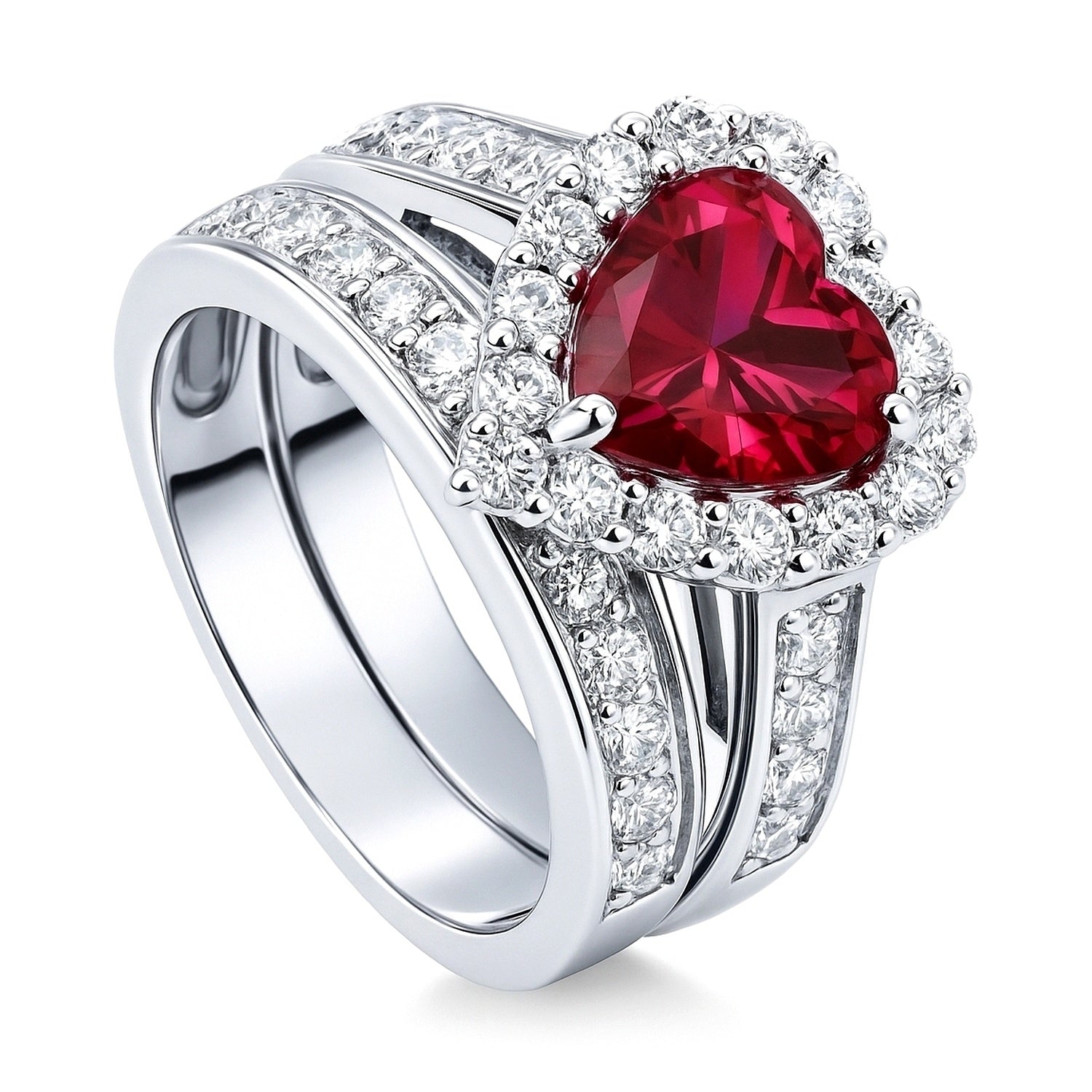 Halo Heart Ruby-Red Heart CZ Ring Set in Sterling Silver