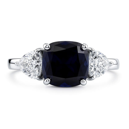3-Stone 3ct Sapphire-Blue Cushion CZ Ring in Sterling Silver