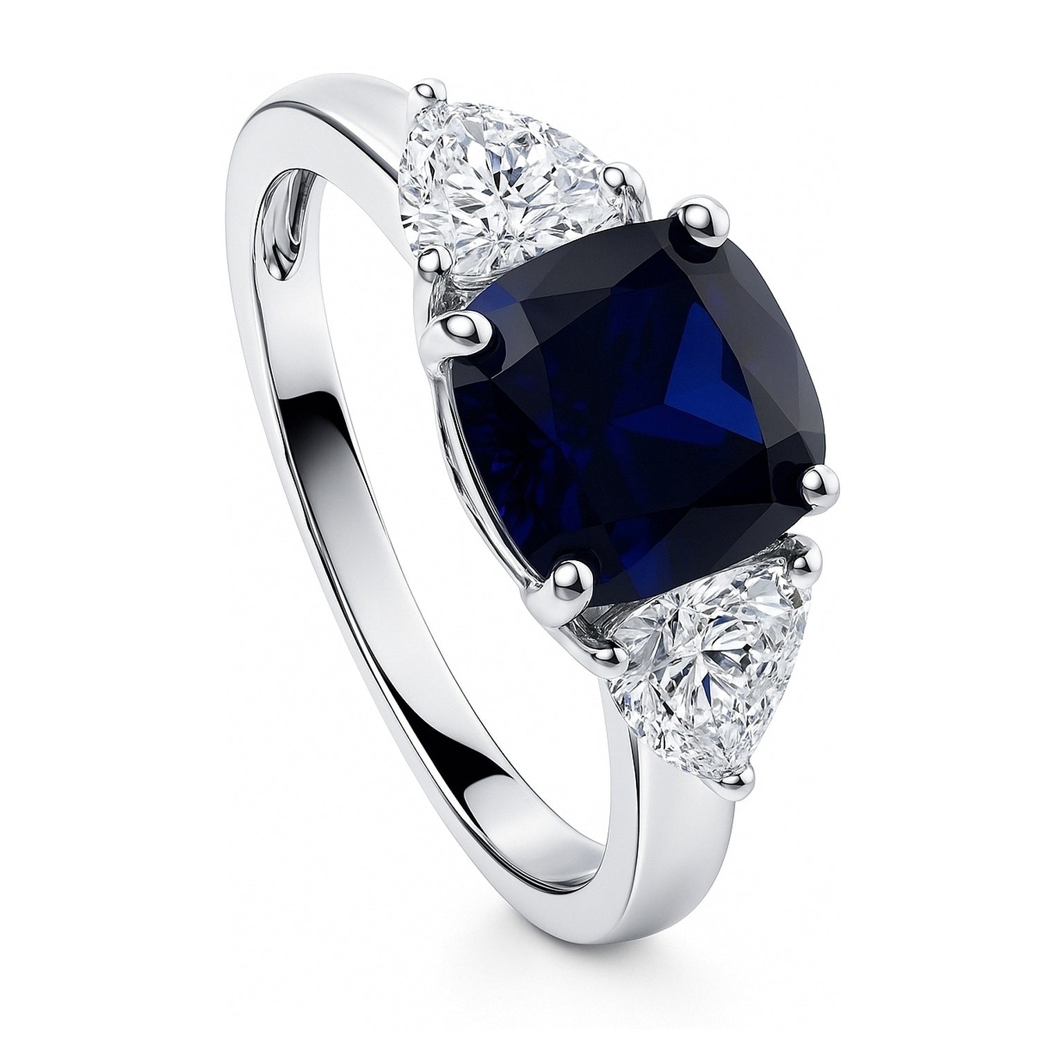 3-Stone 3ct Sapphire-Blue Cushion CZ Ring in Sterling Silver, 4 of 11