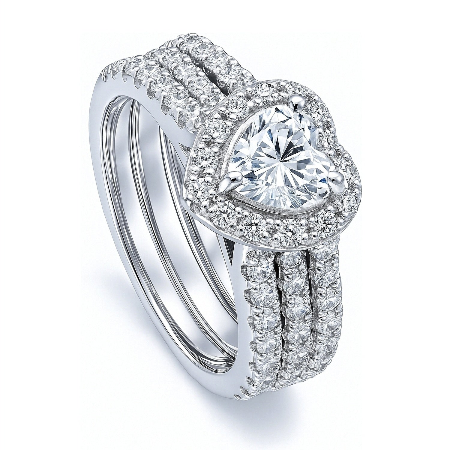Halo Heart Heart CZ Insert Ring Set in Sterling Silver