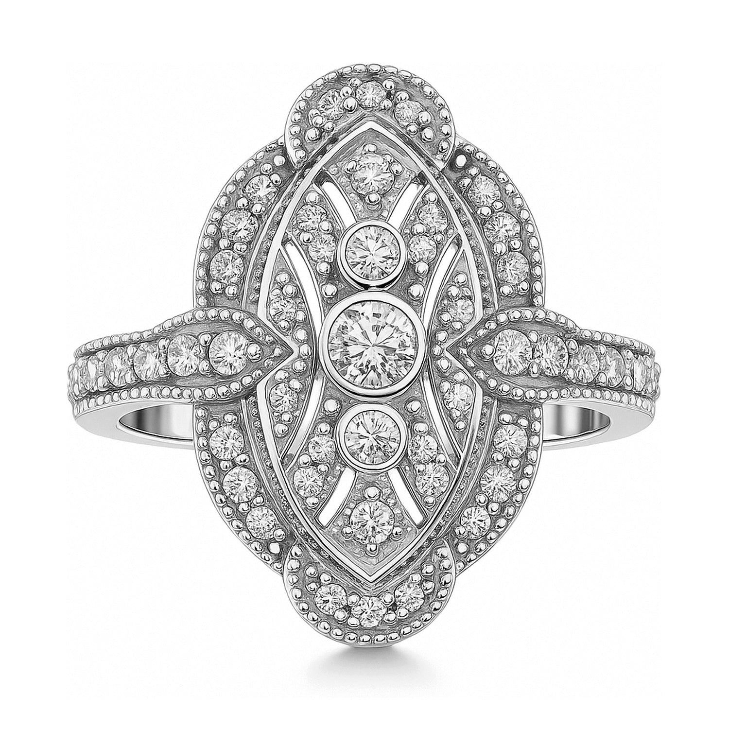 Navette Art Deco Milgrain CZ Ring in Sterling Silver, 1 of 10