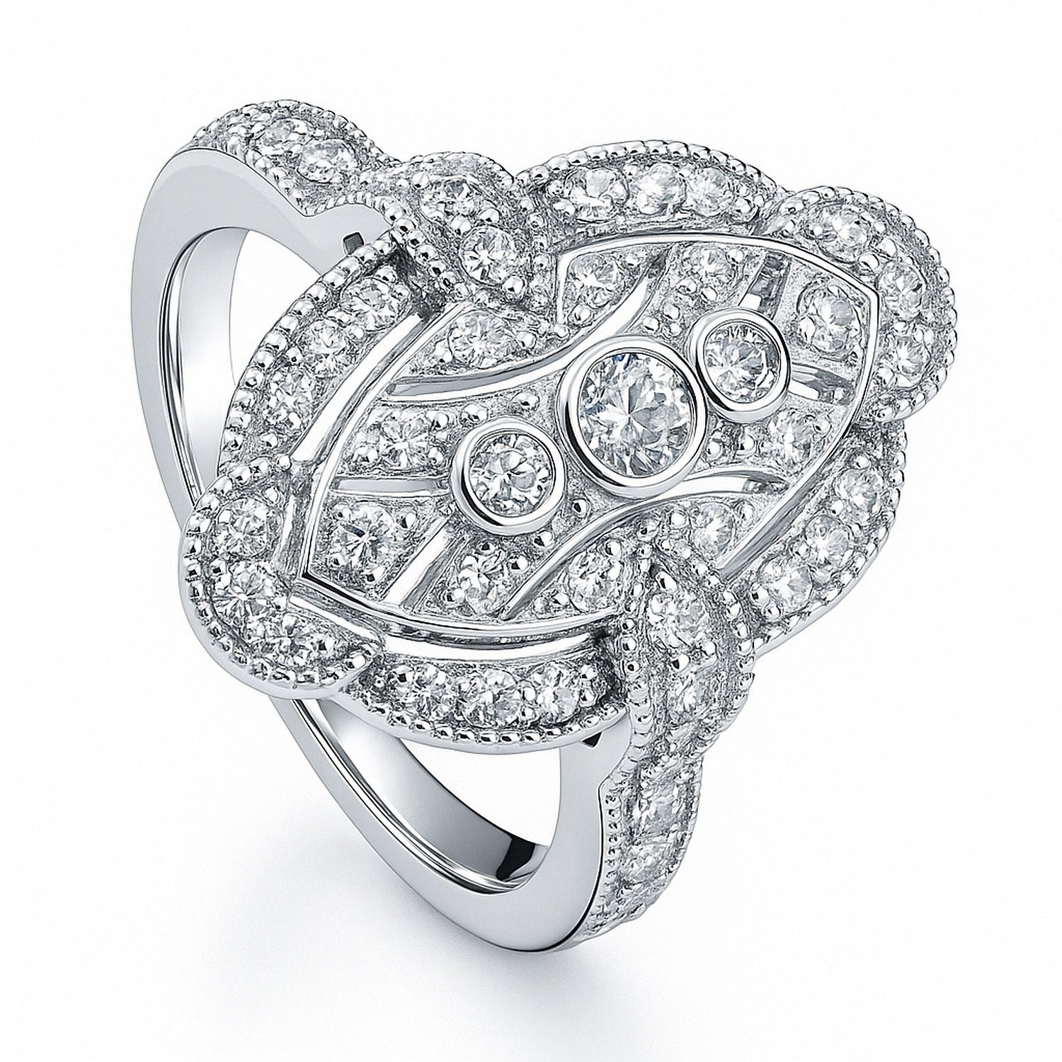 Navette Art Deco Milgrain CZ Ring in Sterling Silver