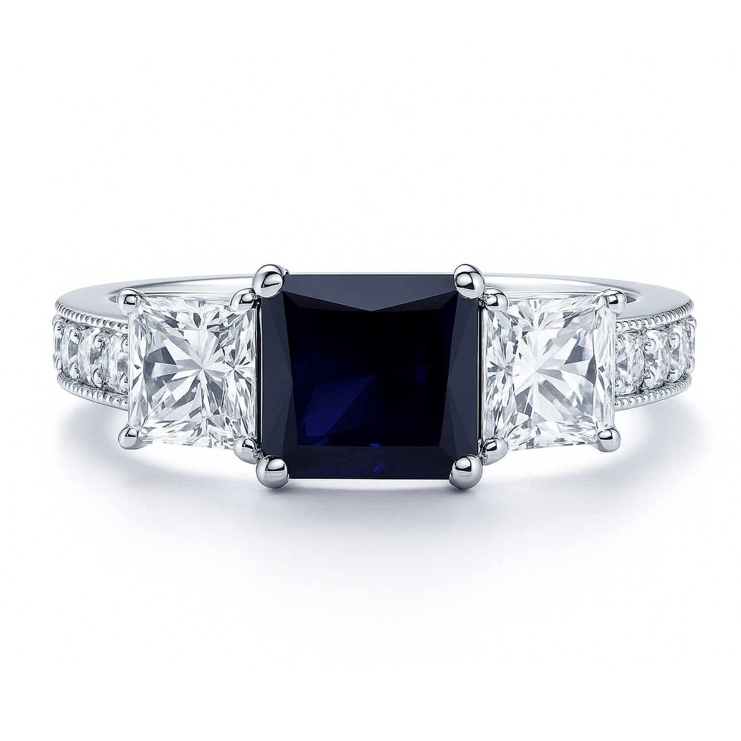 3-Stone 1.6ct Sapphire-Blue Princess CZ Ring in Sterling Silver, 1 of 8