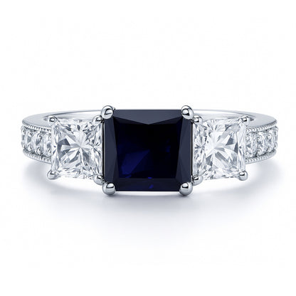 3-Stone 1.6ct Sapphire-Blue Princess CZ Ring in Sterling Silver