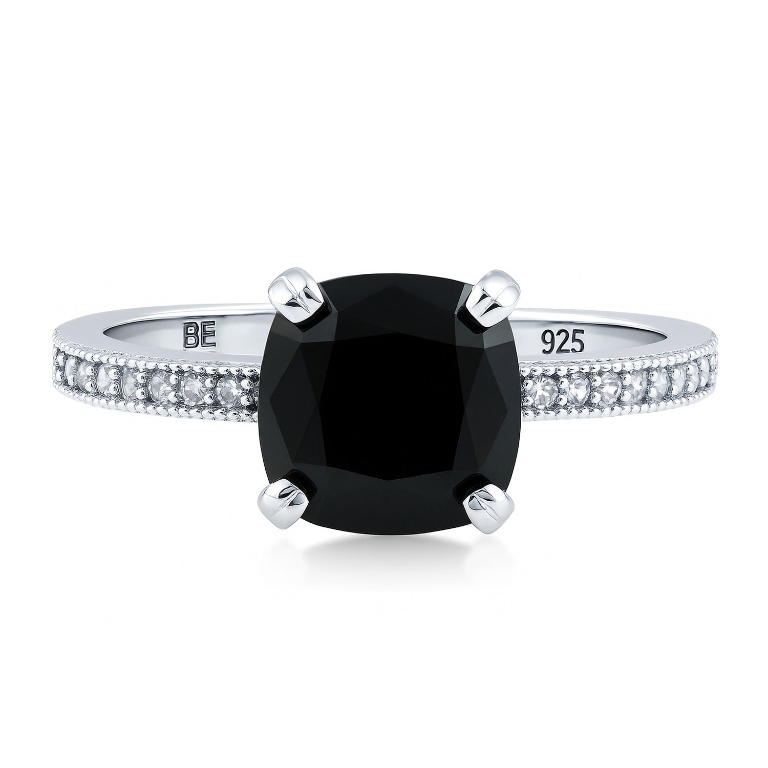 Solitaire 3ct Black Cushion CZ Ring in Sterling Silver