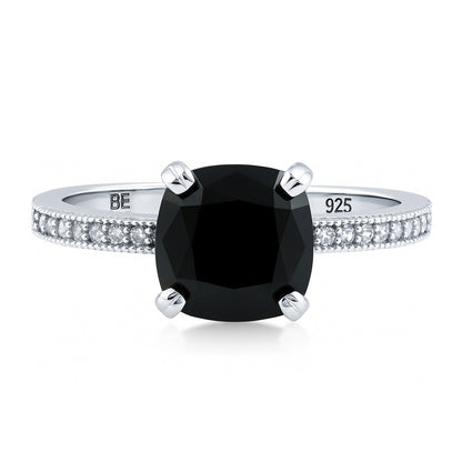 Solitaire 3ct Black Cushion CZ Ring in Sterling Silver