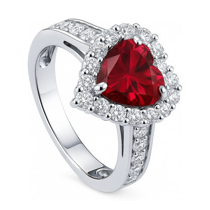 Halo Heart Ruby-Red Heart CZ Ring in Sterling Silver
