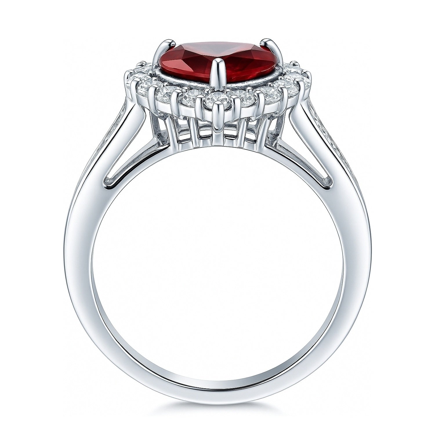 Halo Heart Ruby-Red Heart CZ Ring in Sterling Silver