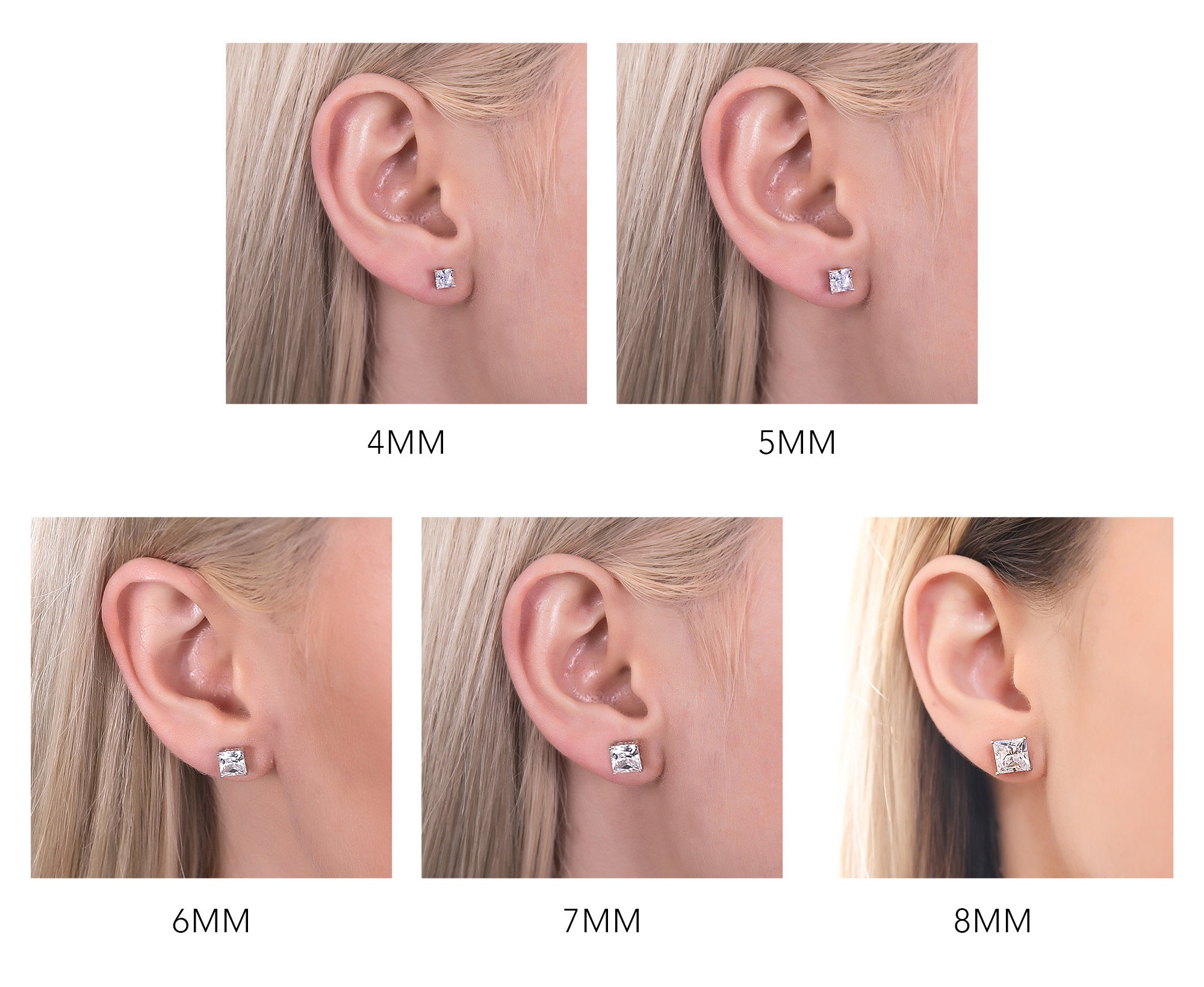 princess square stud earrings size guide chart