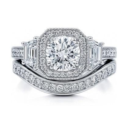 Halo Art Deco CZ Ring Set in Sterling Silver