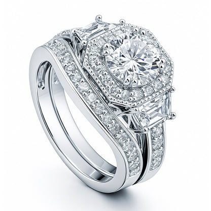 Halo Art Deco CZ Ring Set in Sterling Silver
