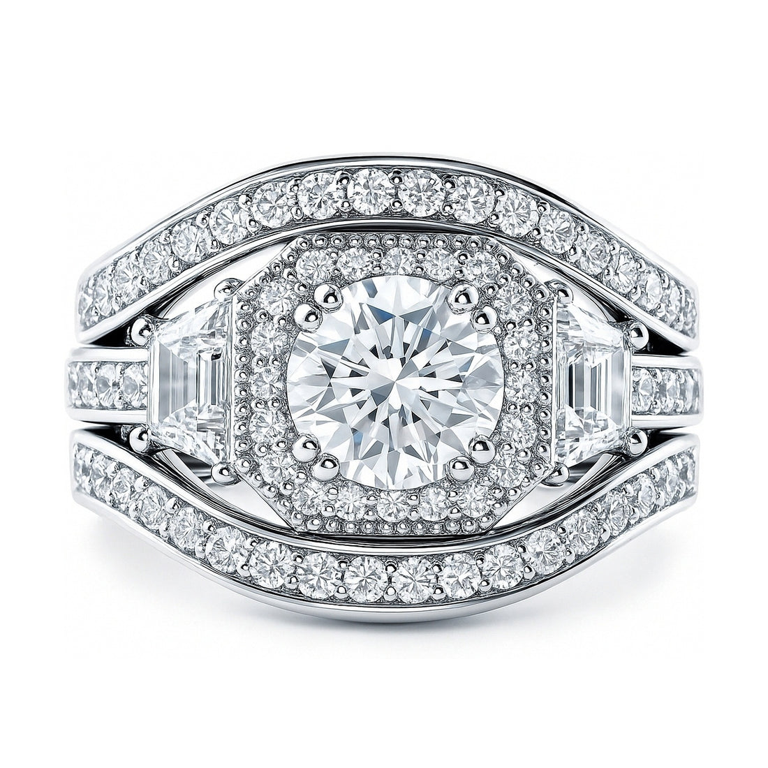 Halo Art Deco CZ Ring Set in Sterling Silver