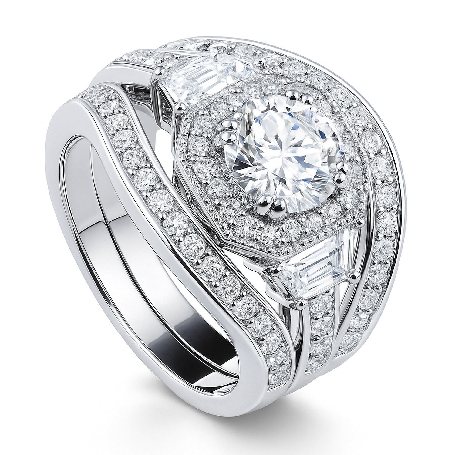 Halo Art Deco CZ Ring Set in Sterling Silver, 4 of 15