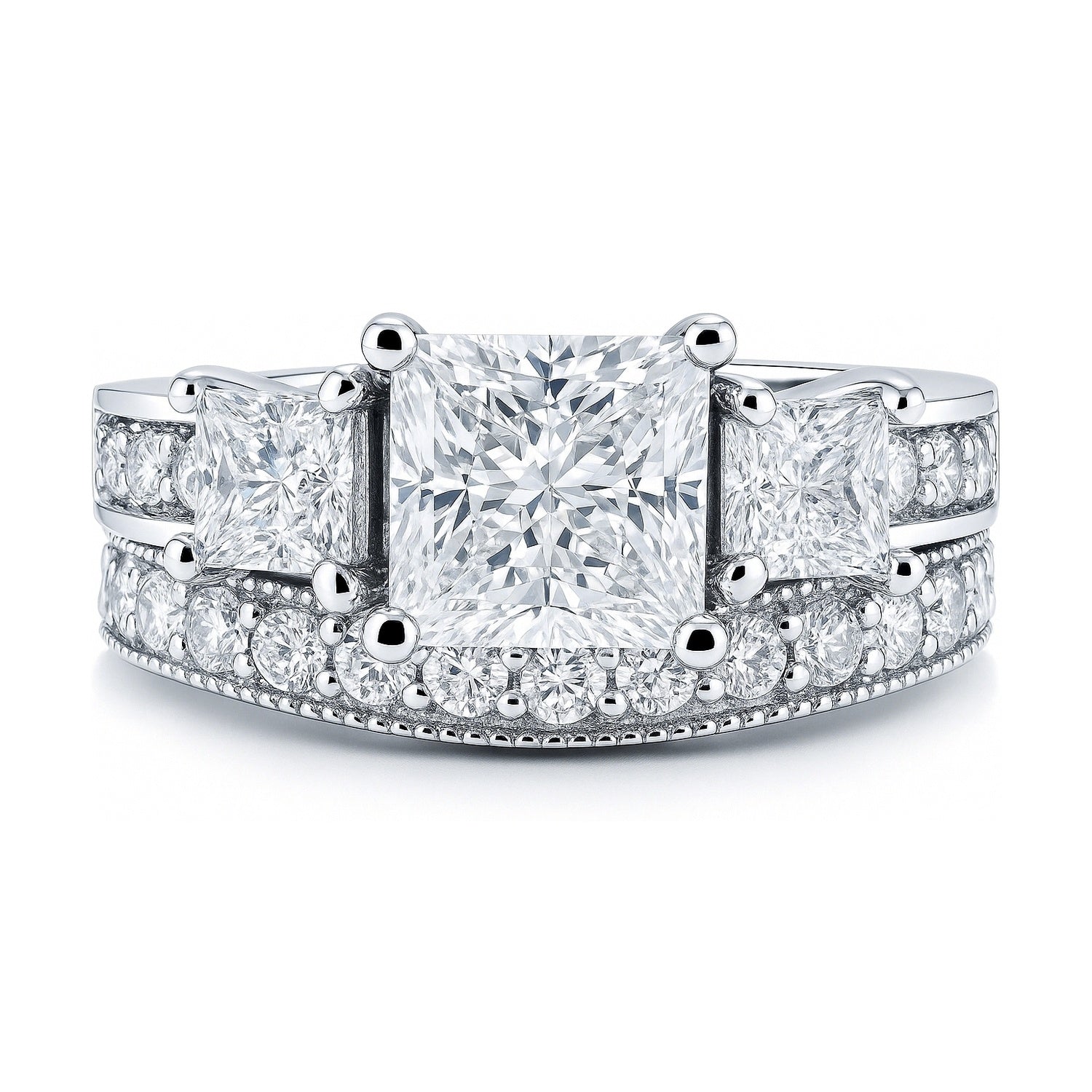 3-Stone 2ct Princess CZ Ring Set in Sterling Silver, 1 of 16