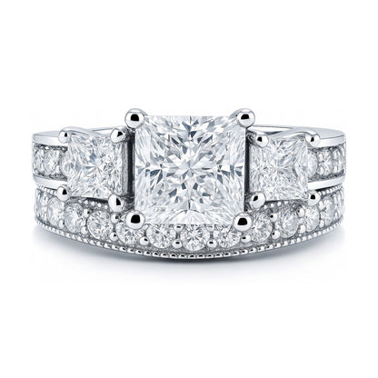 3-Stone 2ct Princess CZ Ring Set in Sterling Silver