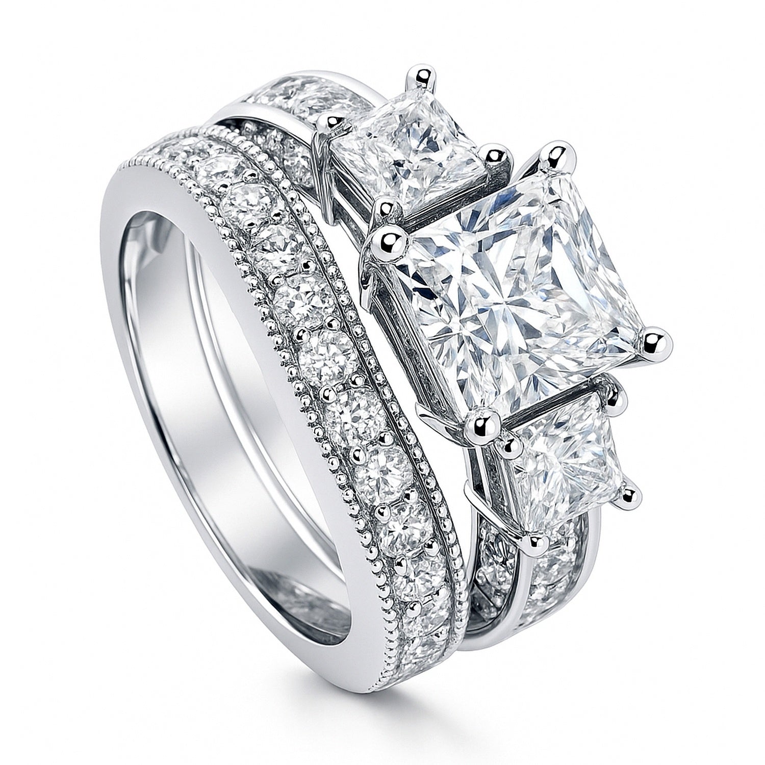 3-Stone 2ct Princess CZ Ring Set in Sterling Silver, 4 of 16