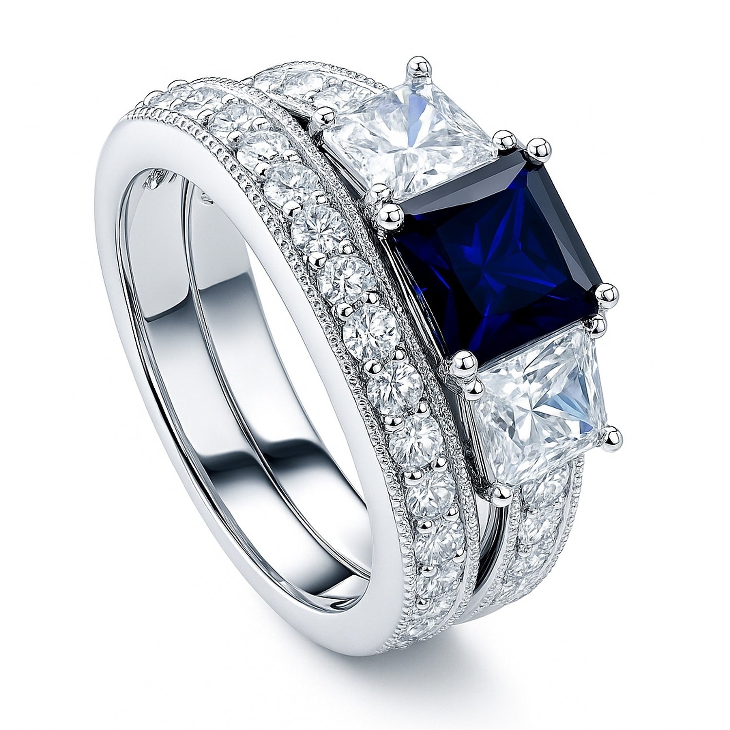 3-Stone Sapphire-Blue Princess CZ Ring Set in Sterling Silver, 4 of 8