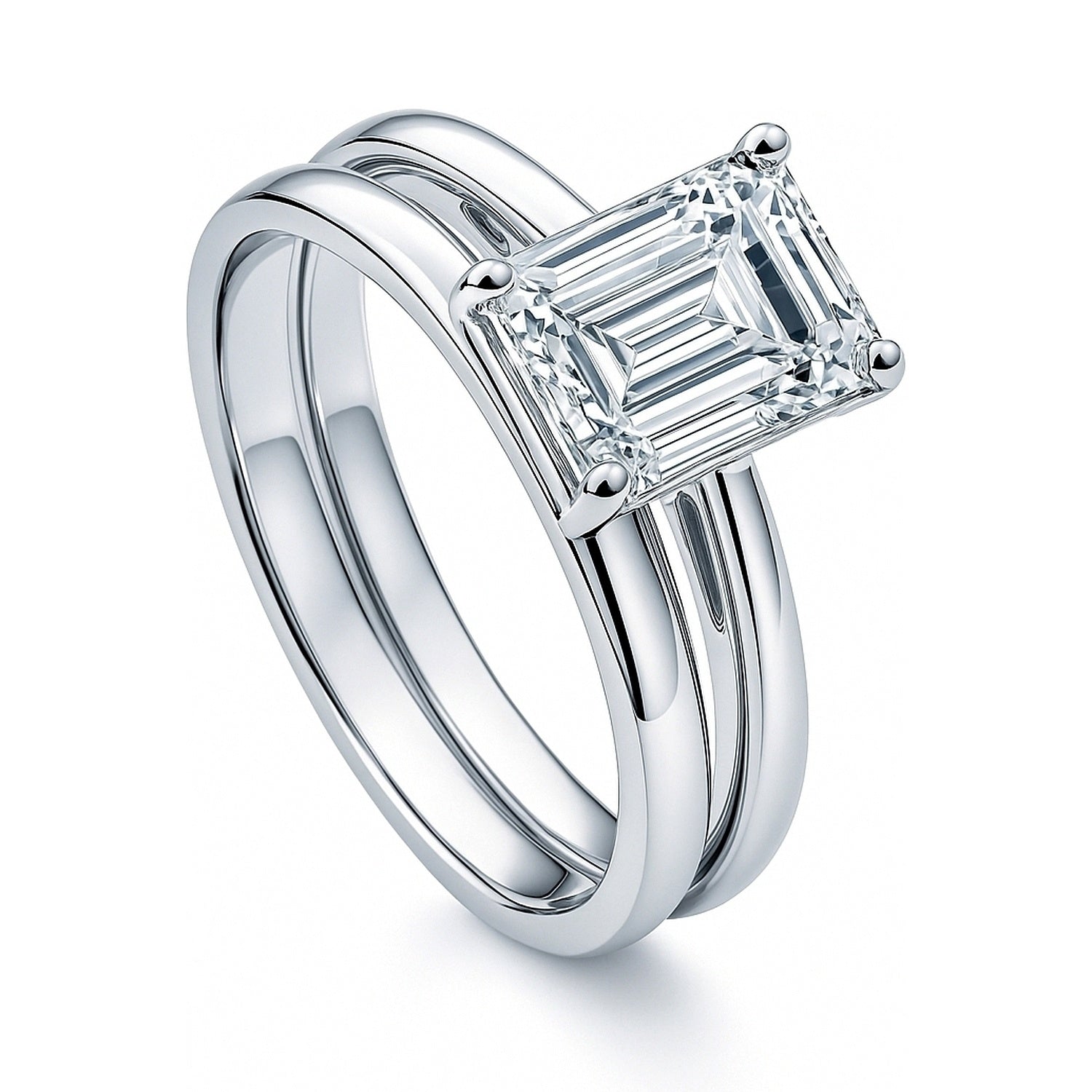Solitaire 2.1ct Emerald Cut CZ Ring Set in Sterling Silver