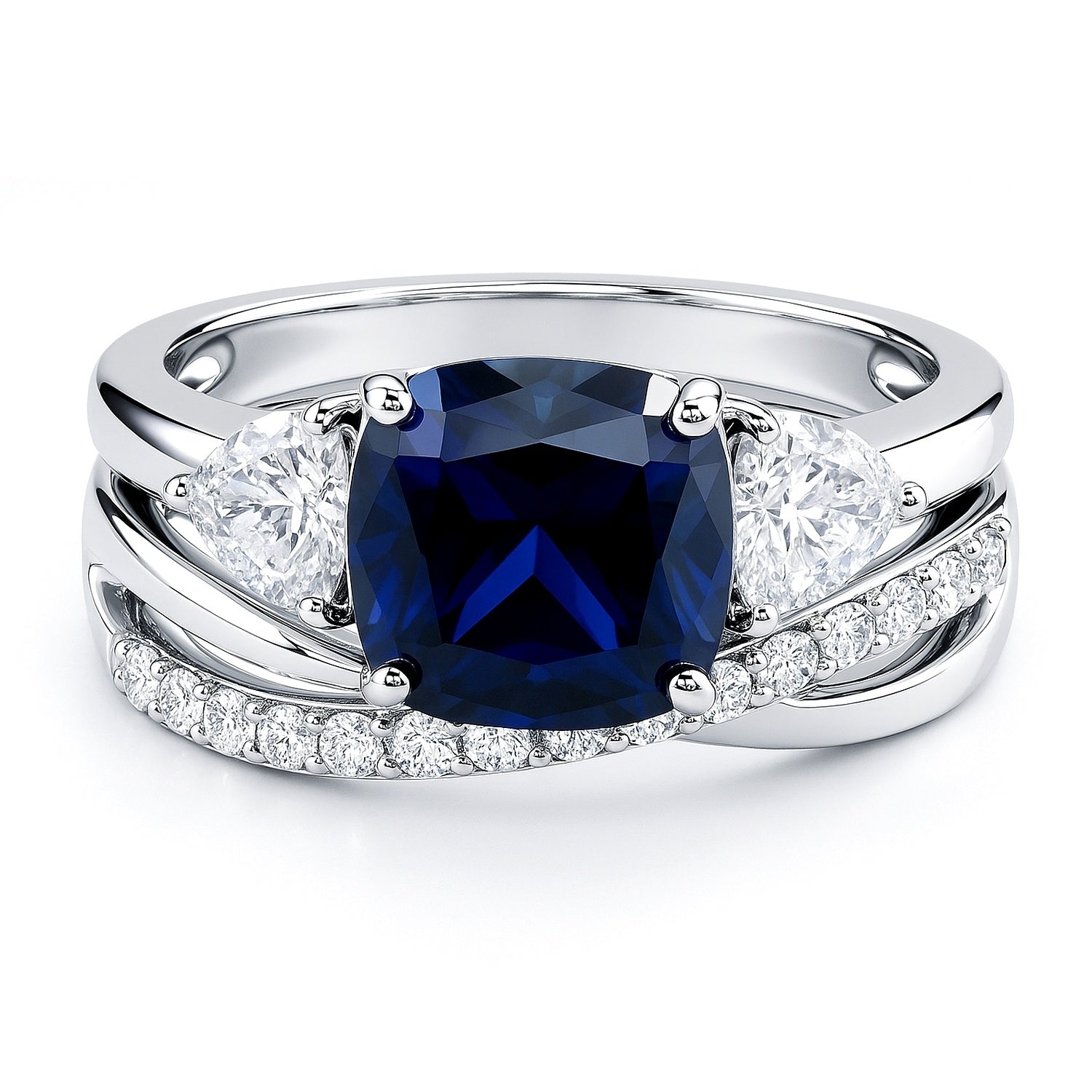 3-Stone Criss Cross Sapphire-Blue CZ Ring Set in Sterling Silver