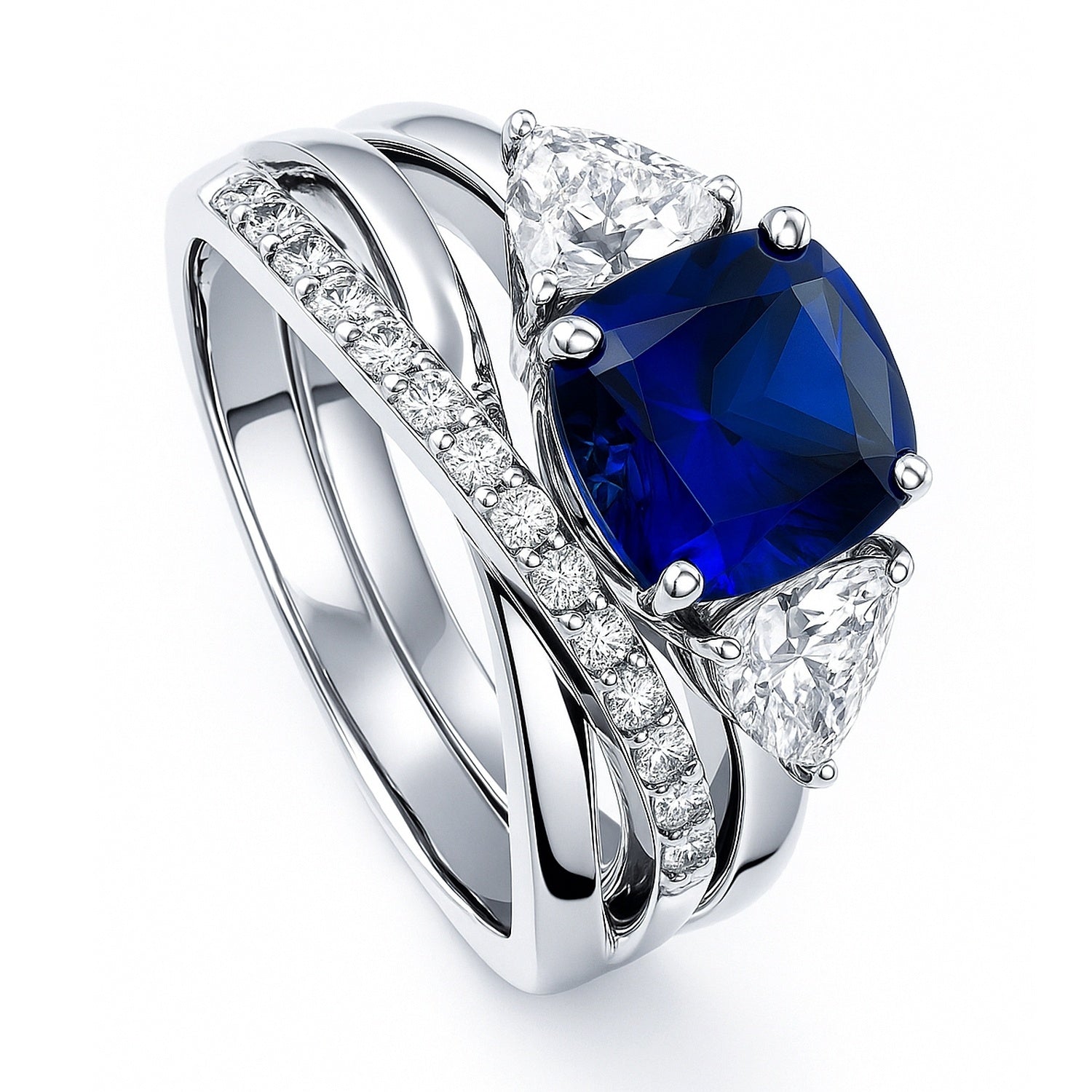 3-Stone Criss Cross Sapphire-Blue CZ Ring Set in Sterling Silver, 4 of 16