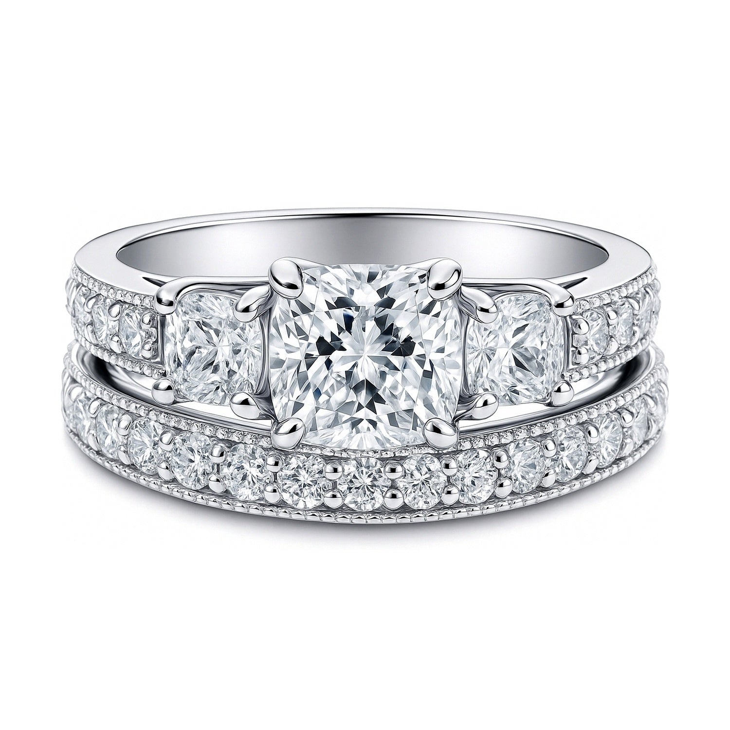 3-Stone 1.5ct Cushion CZ Ring Set in Sterling Silver, 1 of 10