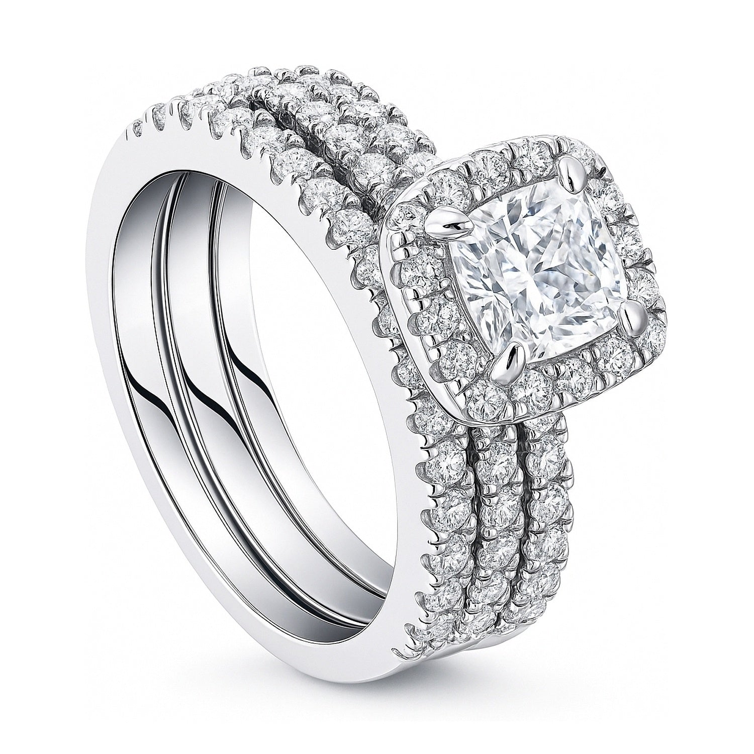 Halo Cushion CZ Ring Set in Sterling Silver