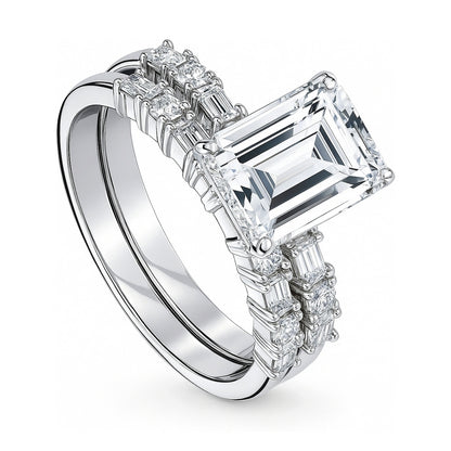 Solitaire Art Deco Emerald Cut CZ Ring Set in Sterling Silver