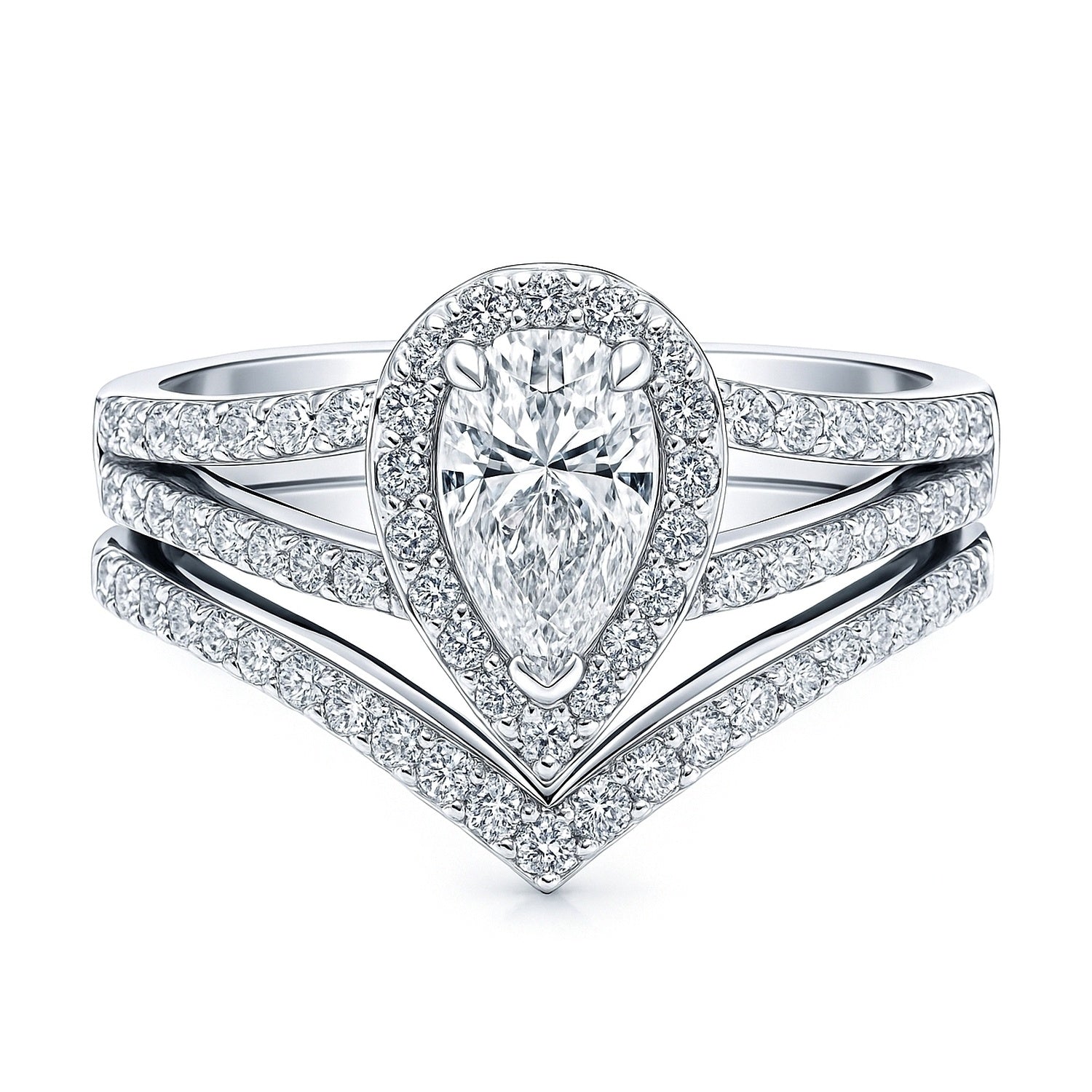 Halo Wishbone Pear CZ Split Shank Ring Set in Sterling Silver, 1 of 17