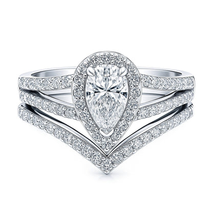 Halo Wishbone Pear CZ Split Shank Ring Set in Sterling Silver