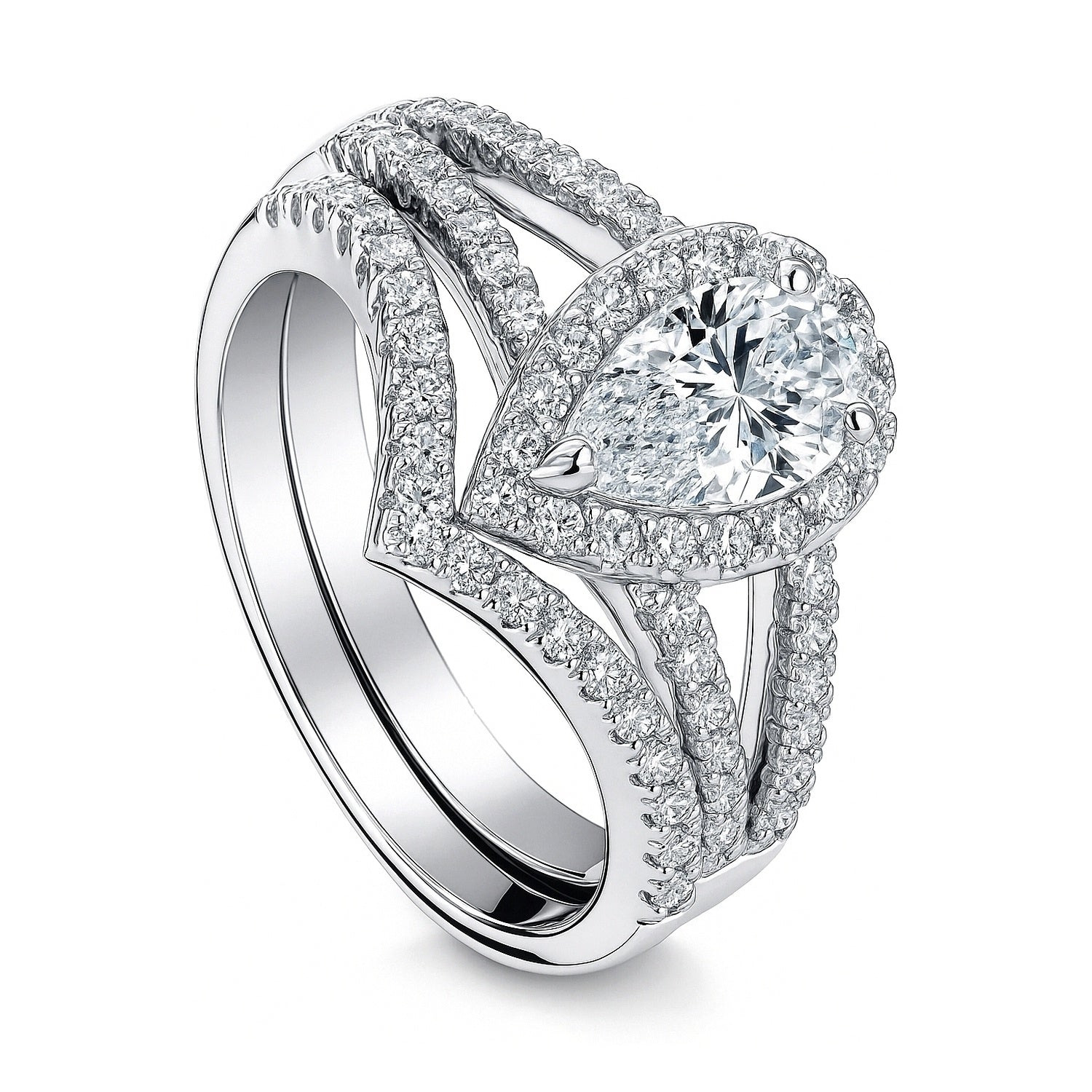 Halo Wishbone Pear CZ Split Shank Ring Set in Sterling Silver, 4 of 17
