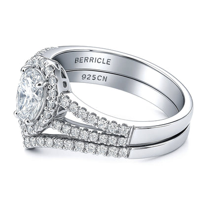 Halo Wishbone Pear CZ Split Shank Ring Set in Sterling Silver