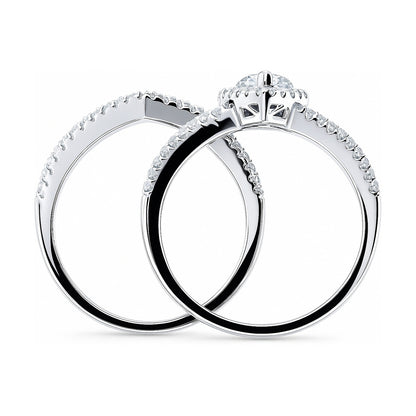 Halo Wishbone Pear CZ Split Shank Ring Set in Sterling Silver