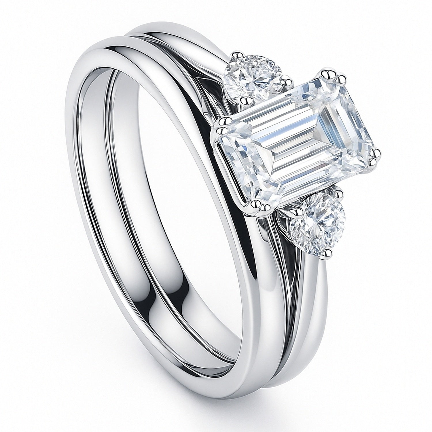3-Stone 1ct Emerald Cut CZ Ring Set in Sterling Silver, 4 of 12