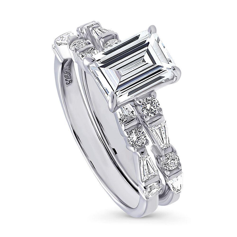 Front view of Solitaire Art Deco Emerald Cut CZ Ring Set in Sterling Silver, 4 of 12