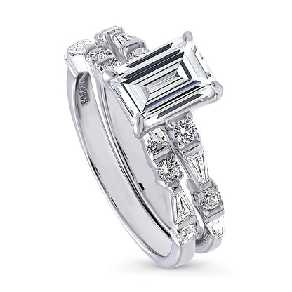 Solitaire Art Deco Emerald Cut CZ Ring Set in Sterling Silver