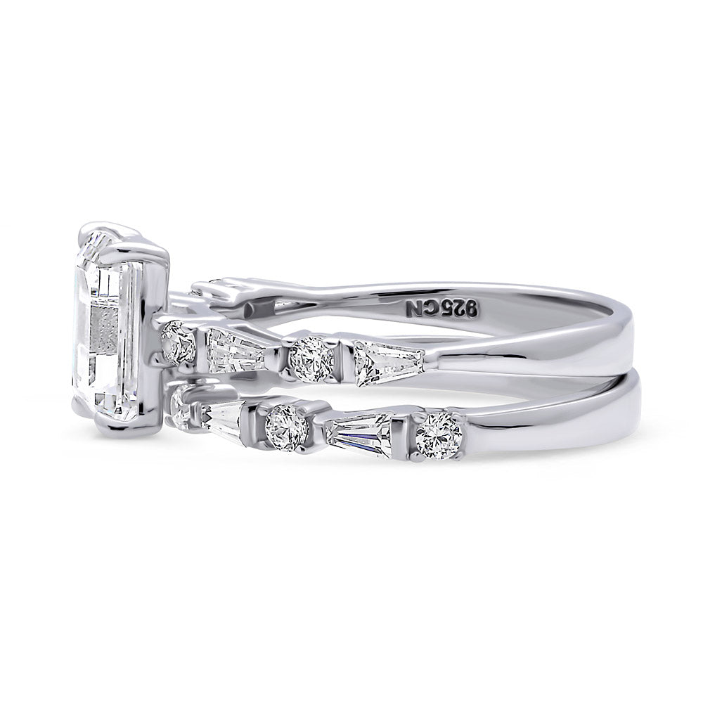 Angle view of Solitaire Art Deco Emerald Cut CZ Ring Set in Sterling Silver, 5 of 12
