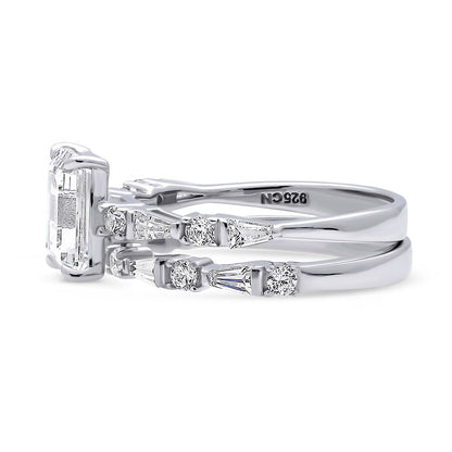 Solitaire Art Deco Emerald Cut CZ Ring Set in Sterling Silver