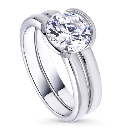 Solitaire 2ct Bezel CZ Ring Set in Sterling Silver
