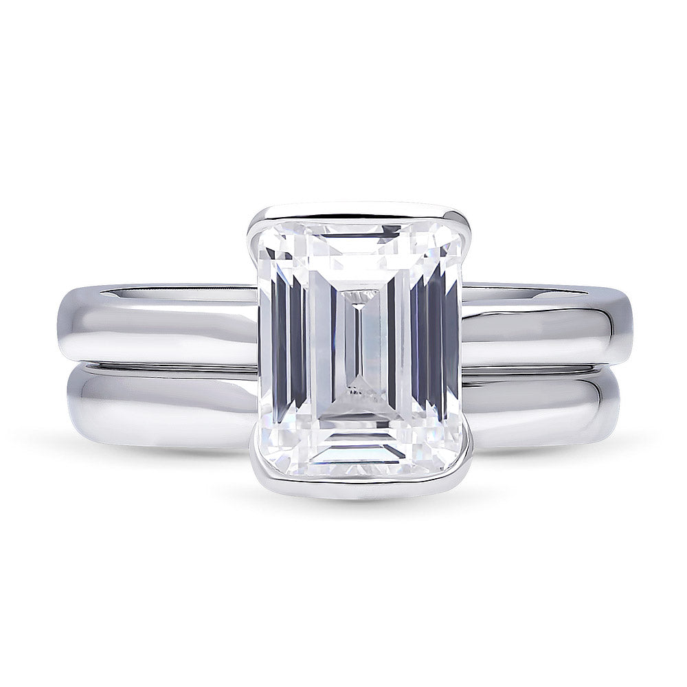 Solitaire 2.6ct Bezel Emerald Cut CZ Ring Set in Sterling Silver, 1 of 9