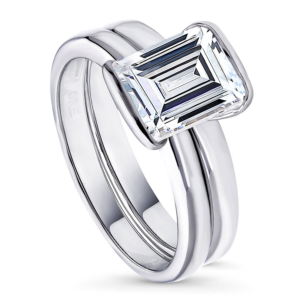 Front view of Solitaire 2.6ct Bezel Emerald Cut CZ Ring Set in Sterling Silver, 4 of 9