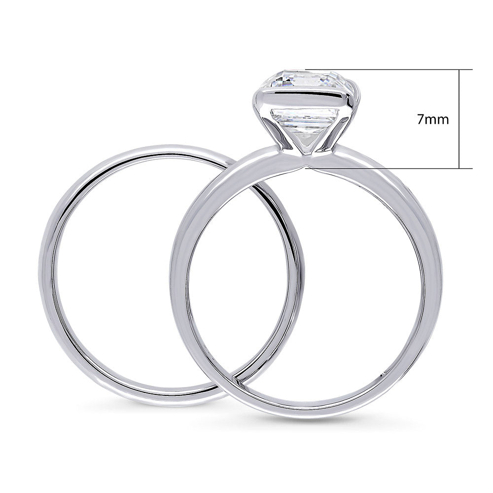 Alternate view of Solitaire 2.6ct Bezel Emerald Cut CZ Ring Set in Sterling Silver, 8 of 9