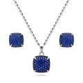 Square CZ Necklace and Earrings in Sterling Silver, Blue Color