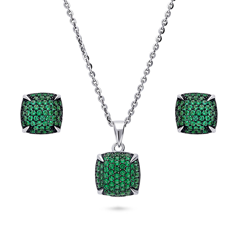 Square CZ Necklace and Earrings in Sterling Silver, Green Color