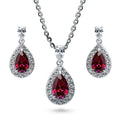 Halo Pear CZ Necklace and Earrings in Sterling Silver, Red