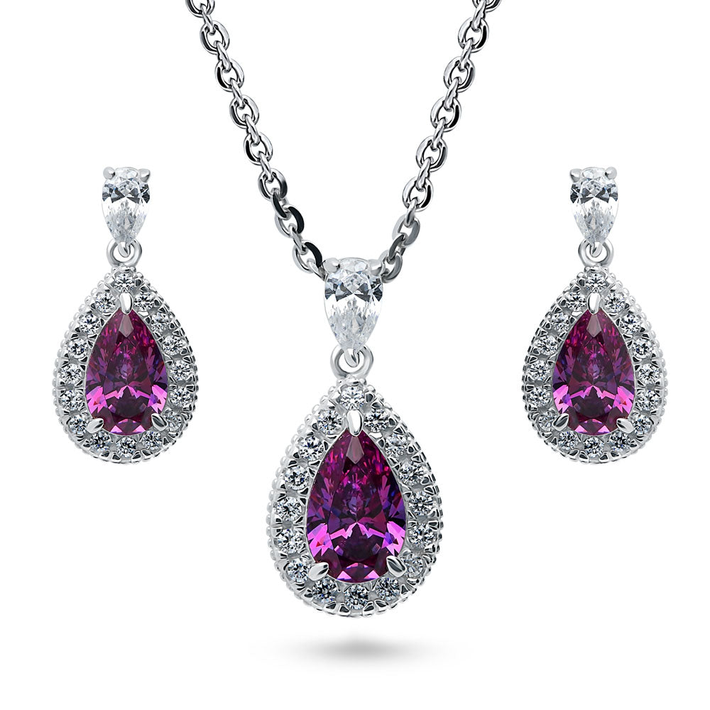 Halo Pear CZ Necklace and Earrings in Sterling Silver