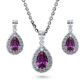 Halo Pear CZ Necklace and Earrings in Sterling Silver, Purple