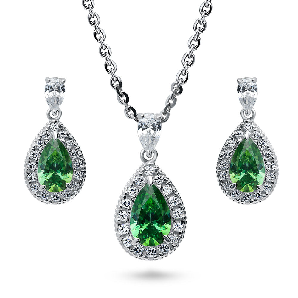 Halo Pear CZ Necklace and Earrings in Sterling Silver