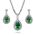 Halo Pear CZ Necklace and Earrings in Sterling Silver, Green